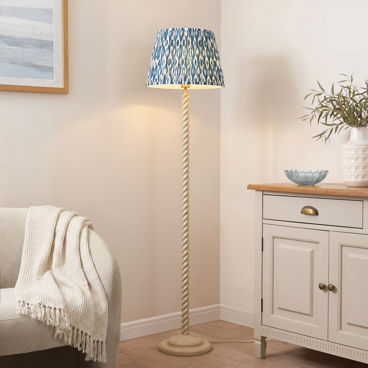 Endon Twist Floor Lamp in Satin Almond White with Ikat 40cm Marlin Blue Shade