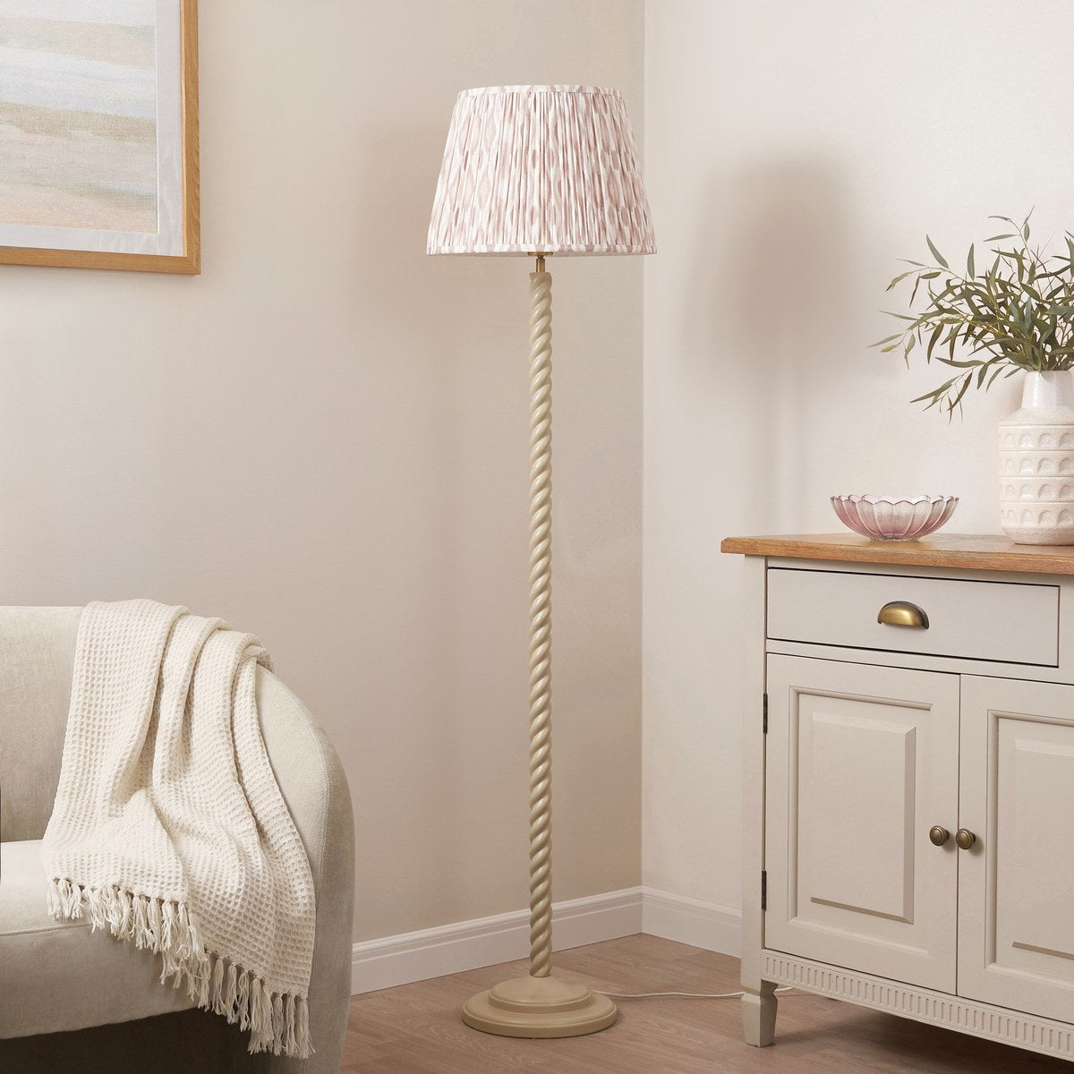 Endon Twist Floor Lamp in Satin Almond White with Ikat 40cm Neutral Shade