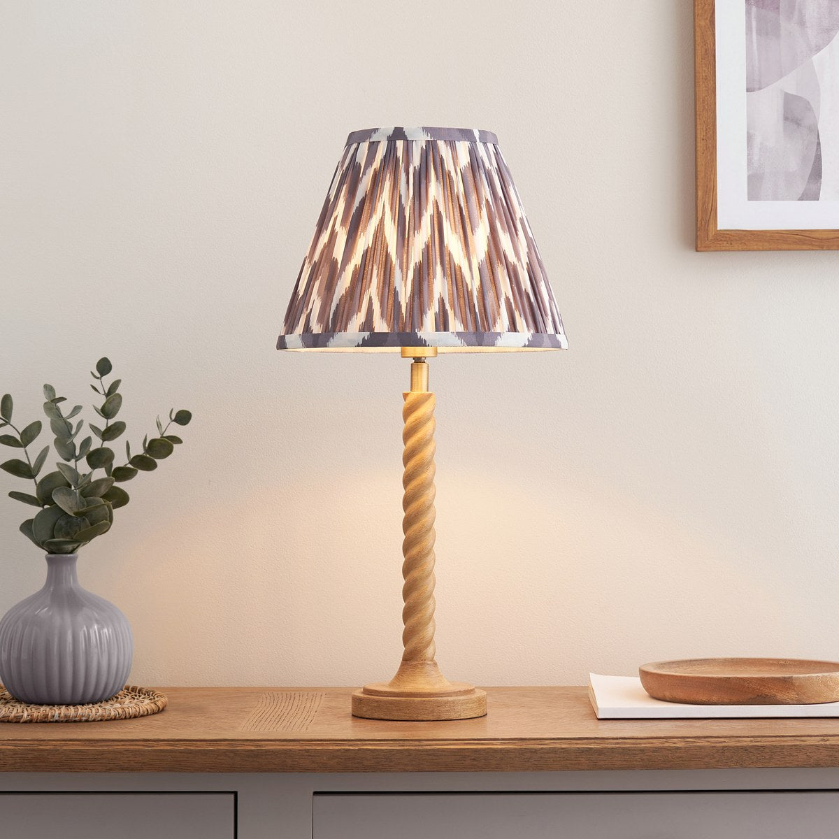Endon Twist Table Lamp in Oak Effect with ZigZag 25cm Pearl Grey Shade
