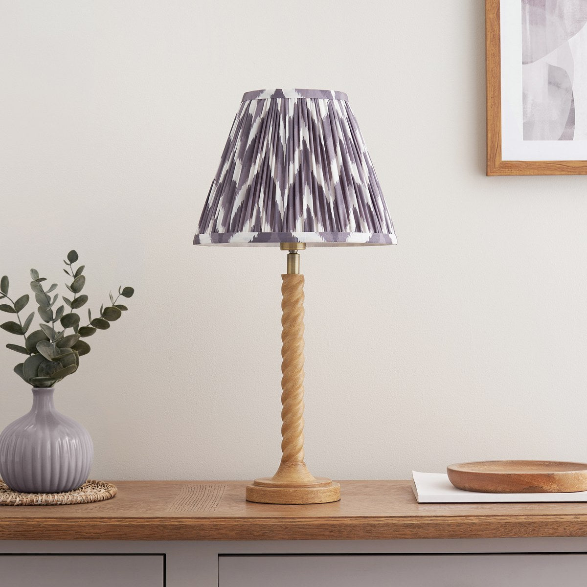 Endon Twist Table Lamp in Oak Effect with ZigZag 25cm Pearl Grey Shade