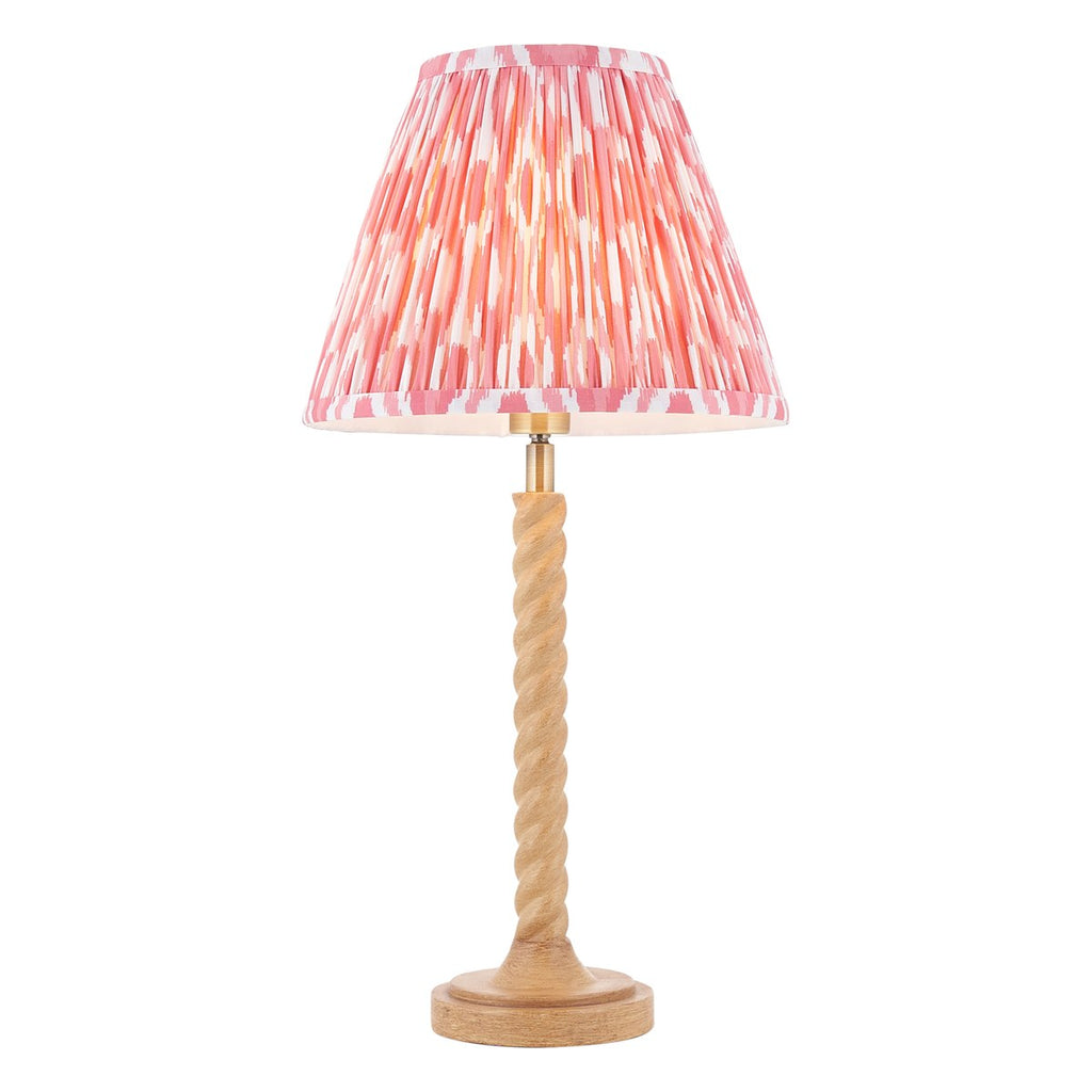 Endon Twist Table Lamp in Oak Effect with Ikat 25cm Coral Pink Shade