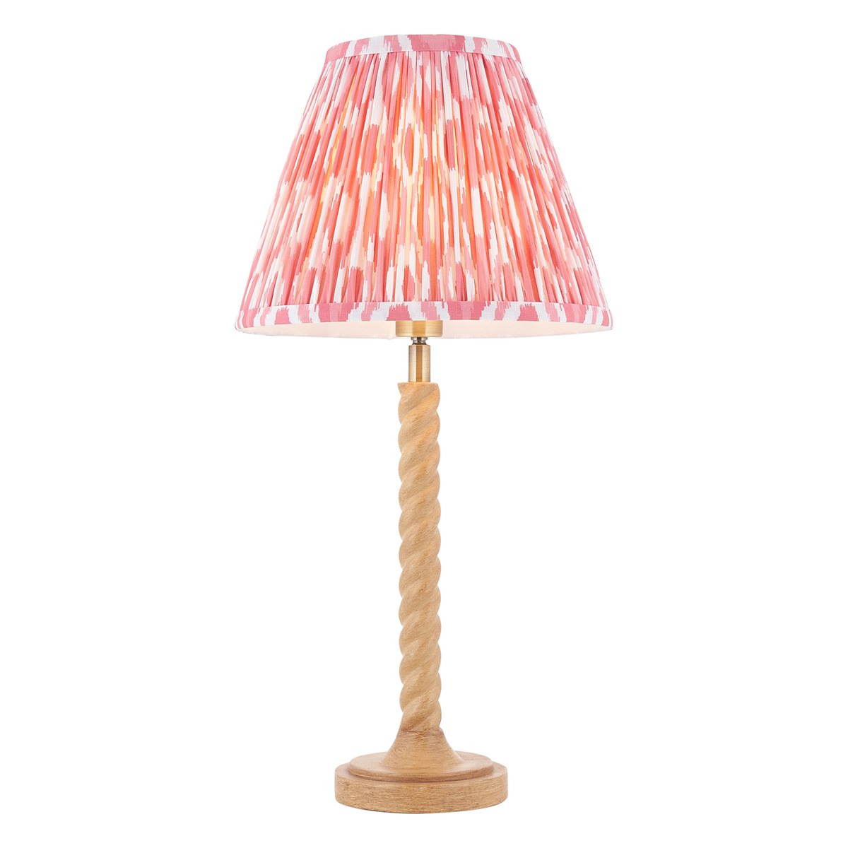 Endon Twist Table Lamp in Oak Effect with Ikat 25cm Coral Pink Shade