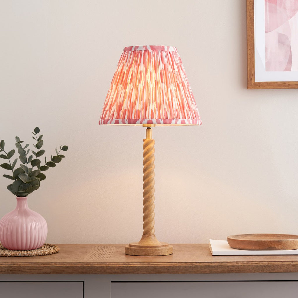 Endon Twist Table Lamp in Oak Effect with Ikat 25cm Coral Pink Shade