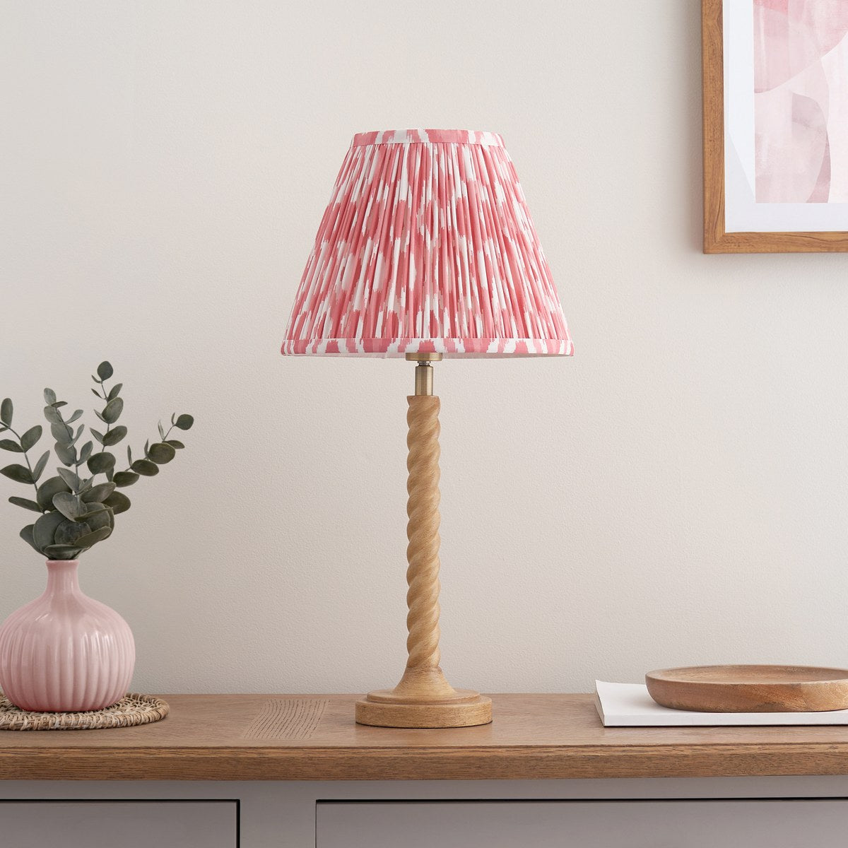 Endon Twist Table Lamp in Oak Effect with Ikat 25cm Coral Pink Shade