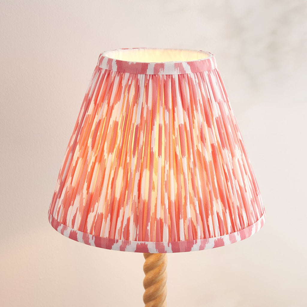 Endon Twist Table Lamp in Oak Effect with Ikat 25cm Coral Pink Shade