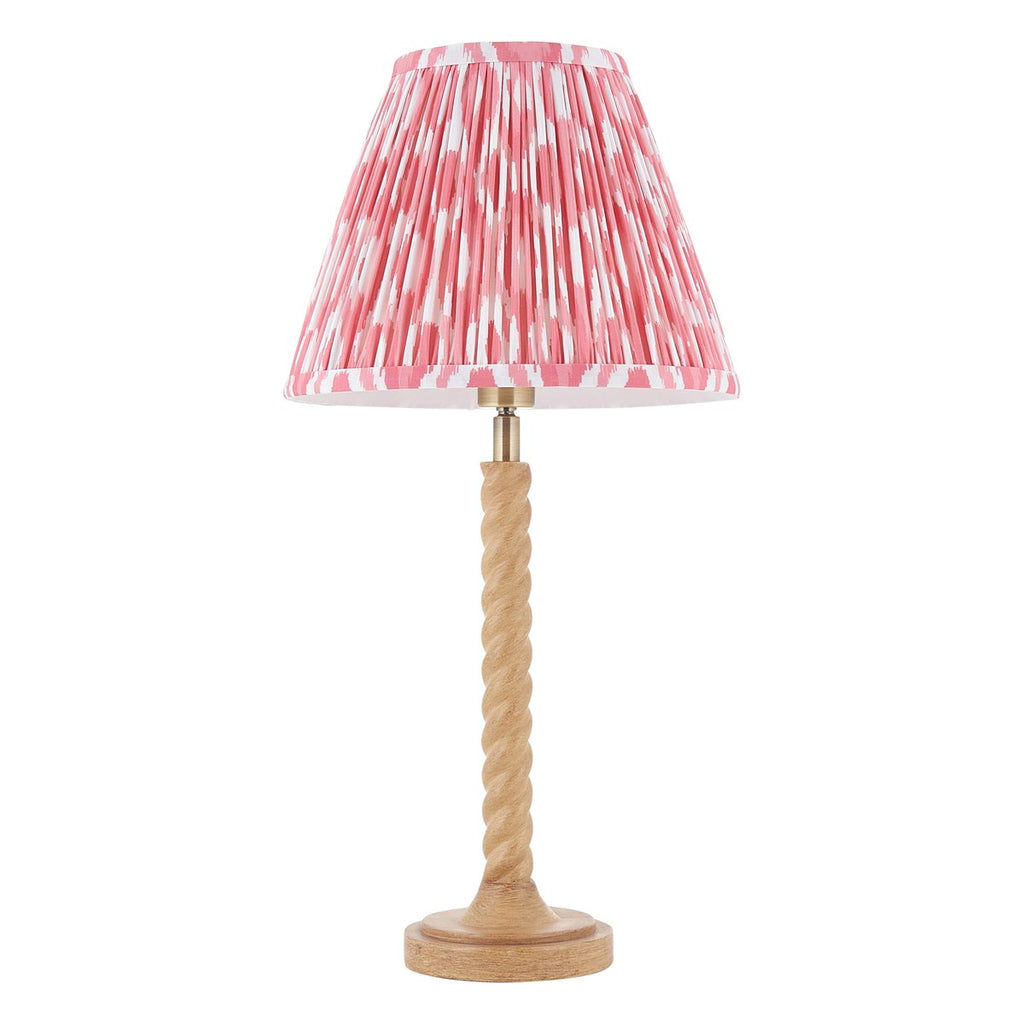Endon Twist Table Lamp in Oak Effect with Ikat 25cm Coral Pink Shade