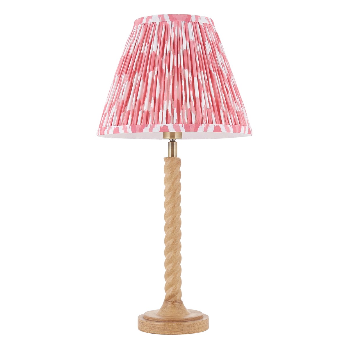 Endon Twist Table Lamp in Oak Effect with Ikat 25cm Coral Pink Shade