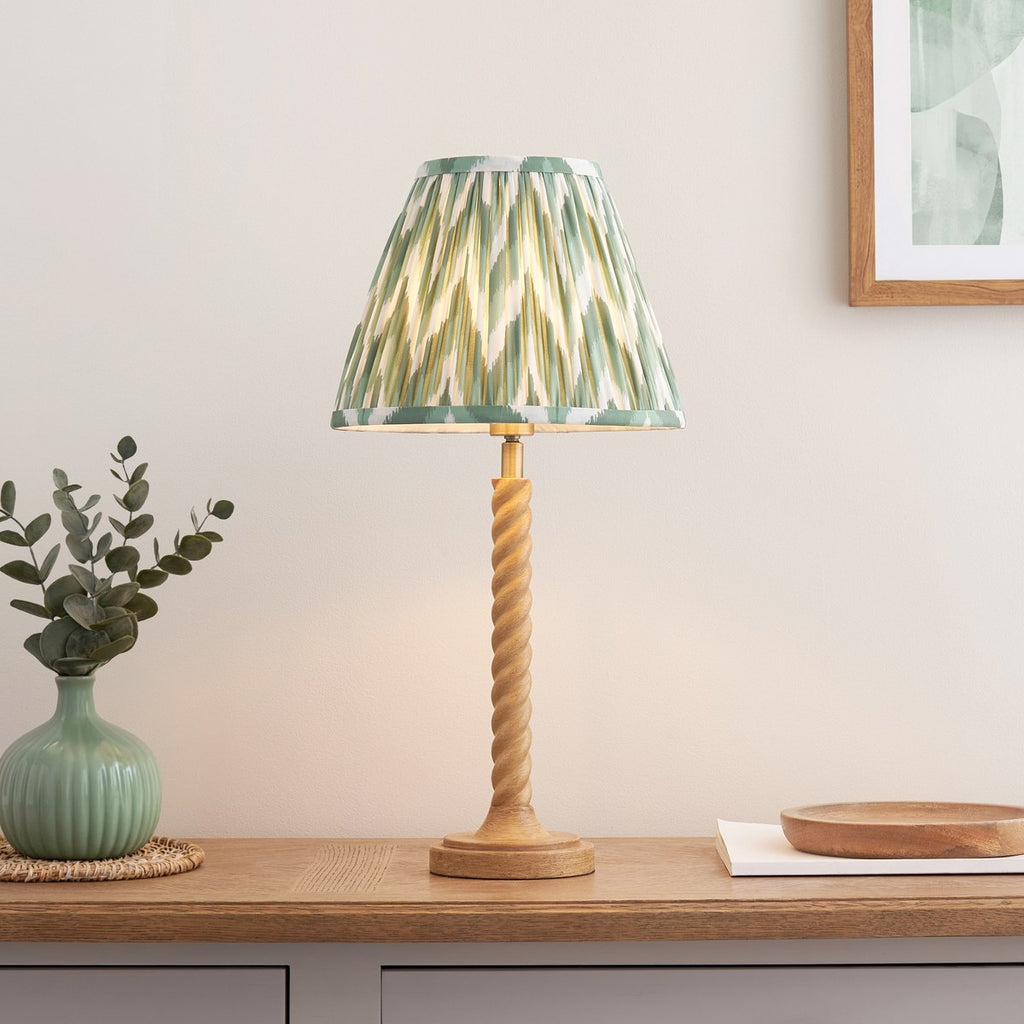 Endon Twist Table Lamp in Oak Effect with ZigZag 25cm Cotswold Green Shade