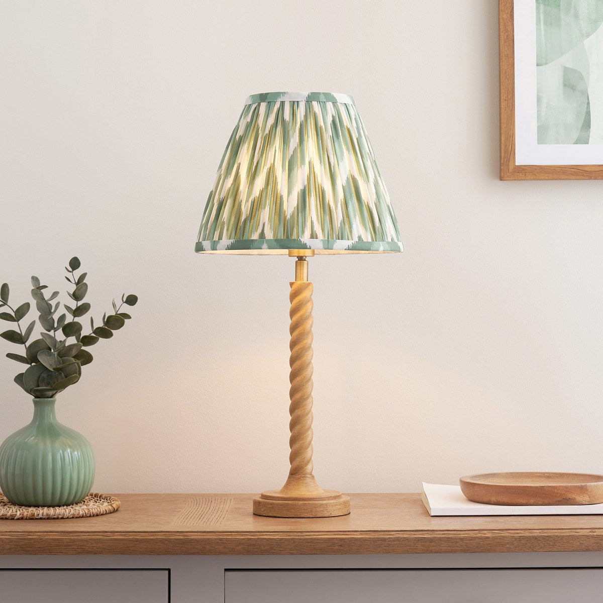 Endon Twist Table Lamp in Oak Effect with ZigZag 25cm Cotswold Green Shade
