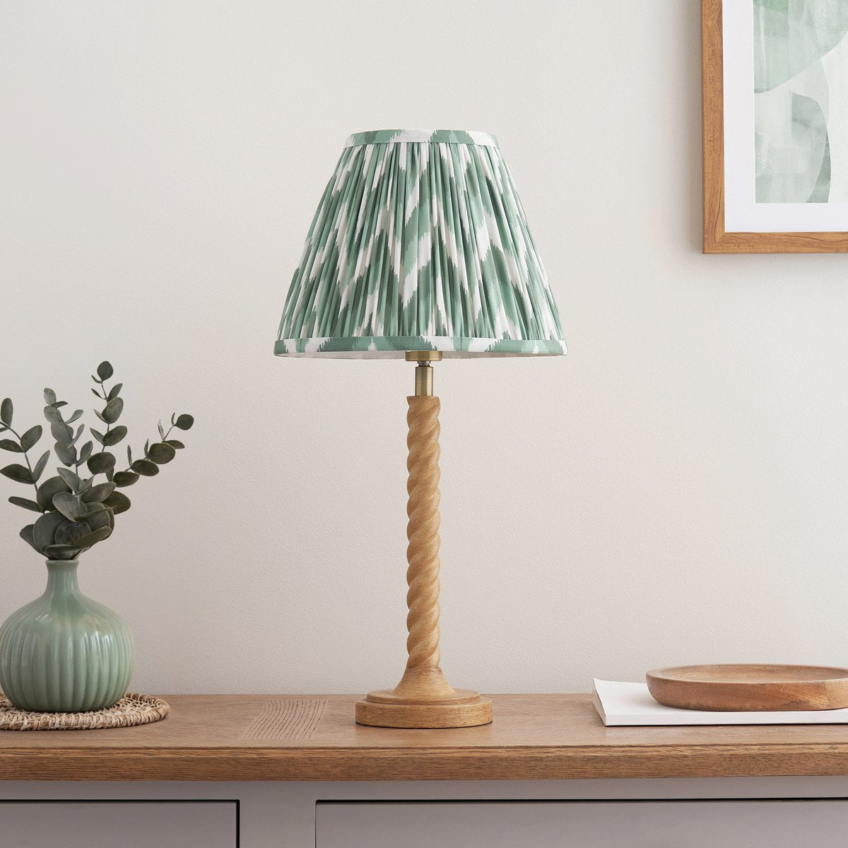 Endon Twist Table Lamp in Oak Effect with ZigZag 25cm Cotswold Green Shade