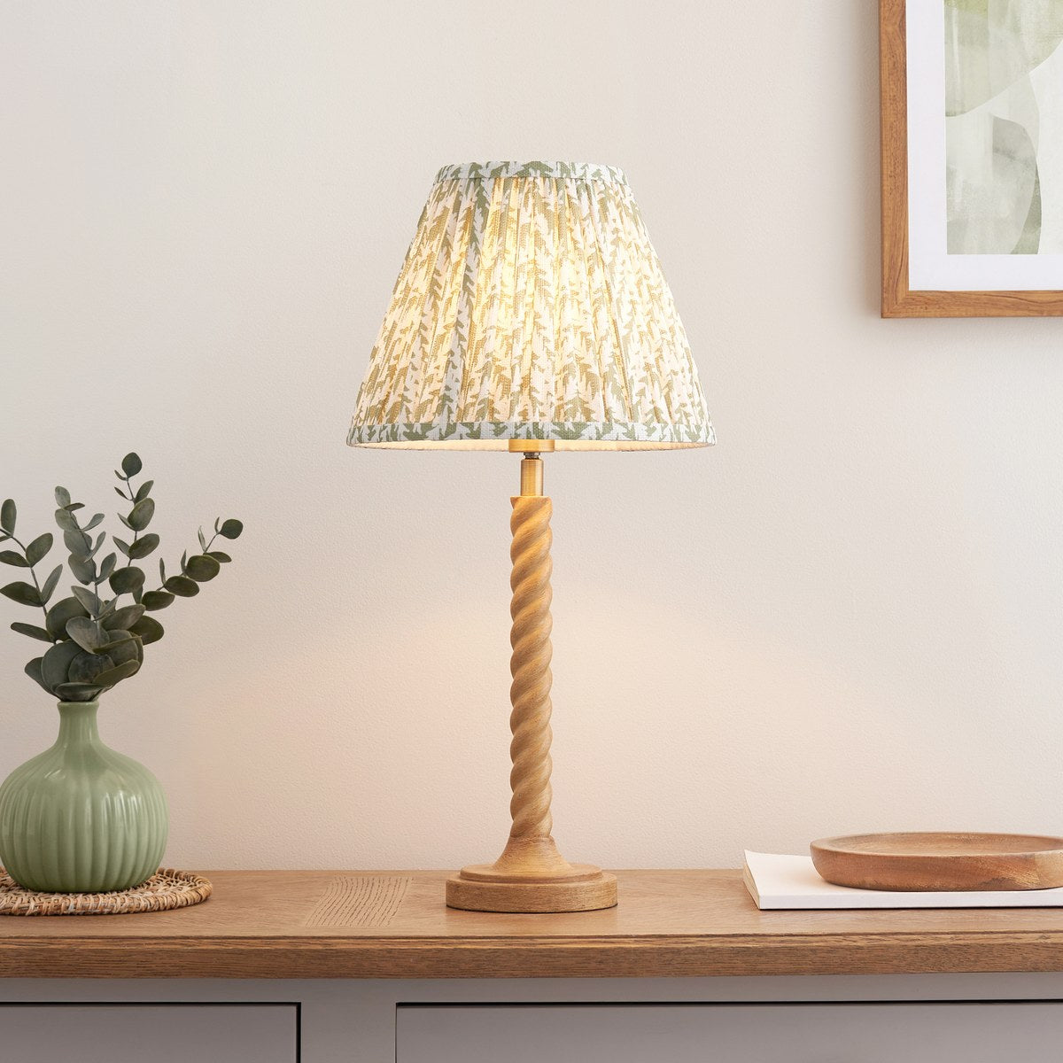 Endon Twist Table Lamp in Oak Effect with Leaf 25cm Herb Garden Green Shade