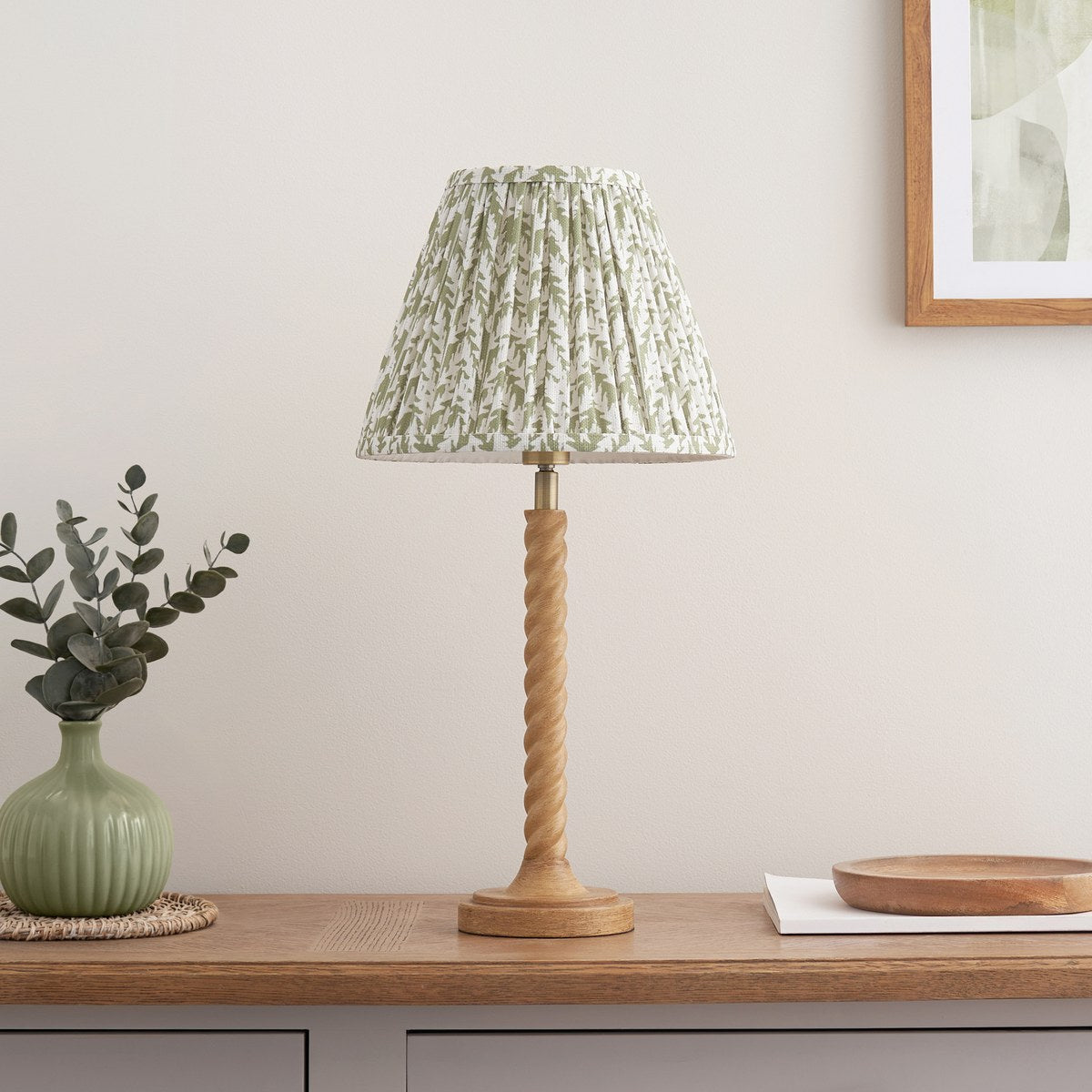 Endon Twist Table Lamp in Oak Effect with Leaf 25cm Herb Garden Green Shade