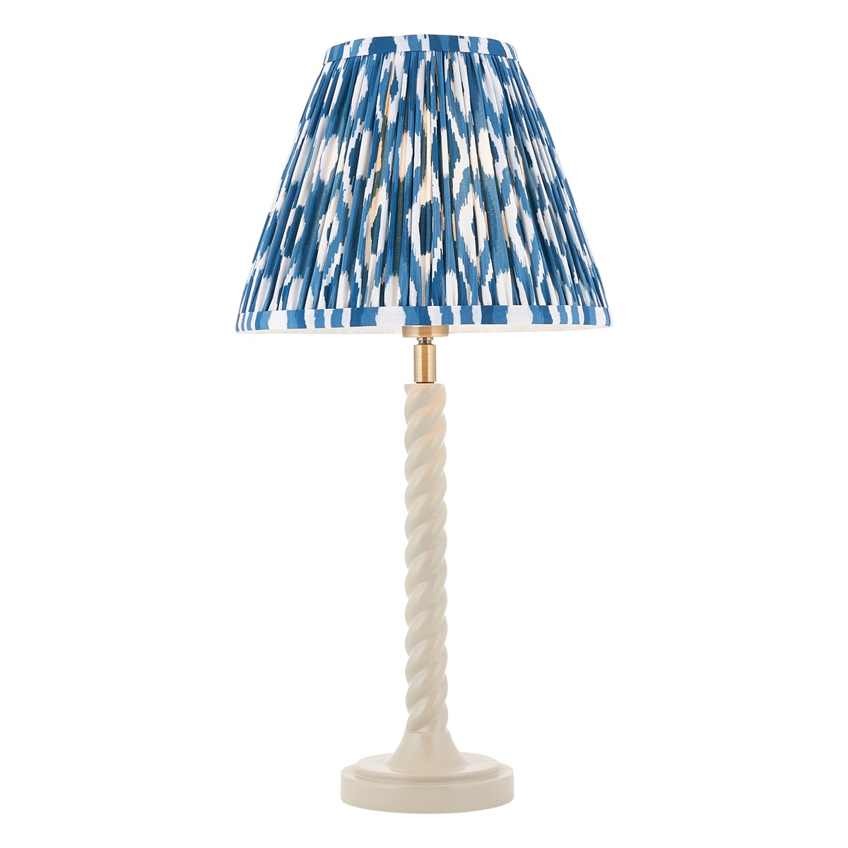 Endon Twist Table Lamp in Satin Almond White with Ikat 25cm Marlin Blue Shade