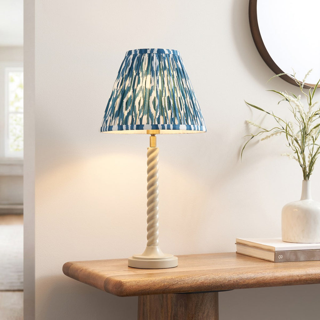 Endon Twist Table Lamp in Satin Almond White with Ikat 25cm Marlin Blue Shade