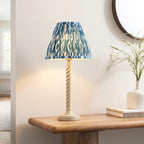 Endon Twist Table Lamp in Satin Almond White with Ikat 25cm Marlin Blue Shade