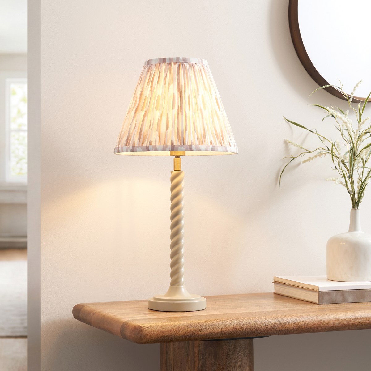 Endon Twist Table Lamp in Satin Almond White with Ikat 25cm Neutral Shade