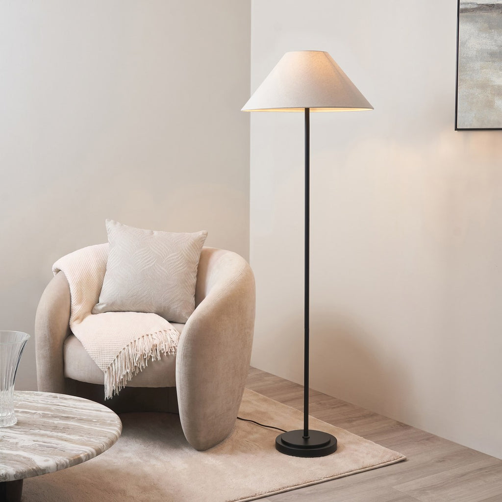 Endon Arlo Floor Lamp in Matt Black with Avalon 52cm Natural Linen Shade