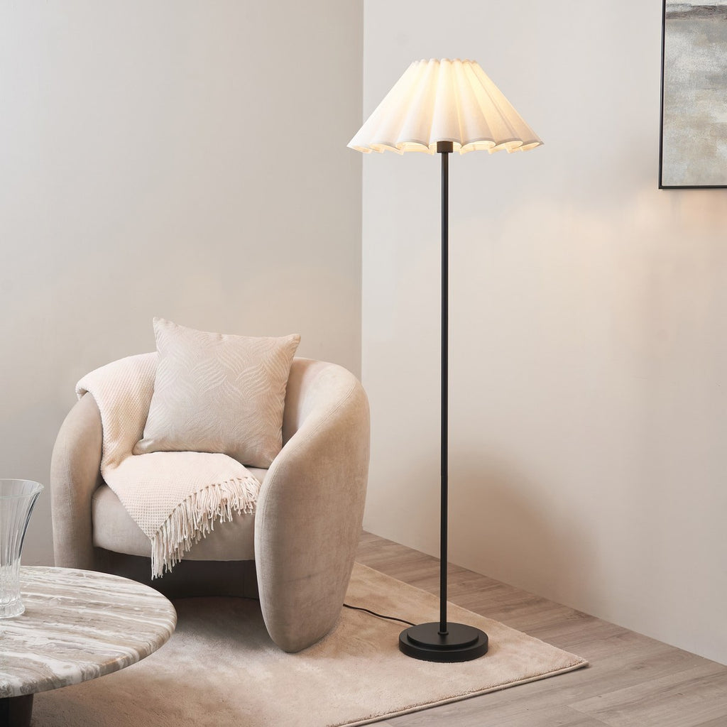 Endon Arlo Floor Lamp in Matt Black with Ayla 53cm Vintage White Scalloped Shade
