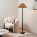 Endon Arlo Floor Lamp in Matt Black with 52cm Brown Rattan Shade