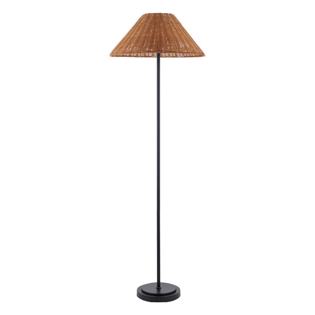 Endon Arlo Floor Lamp in Matt Black with 52cm Brown Rattan Shade