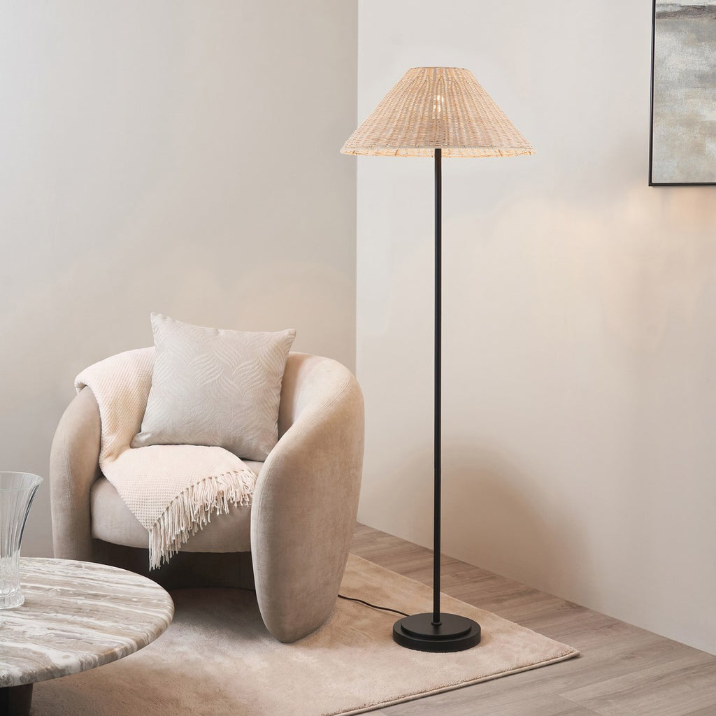 Endon Arlo Floor Lamp in Matt Black with 52cm Natural Rattan Shade