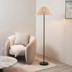 Endon Arlo Floor Lamp in Matt Black with 52cm Natural Rattan Shade