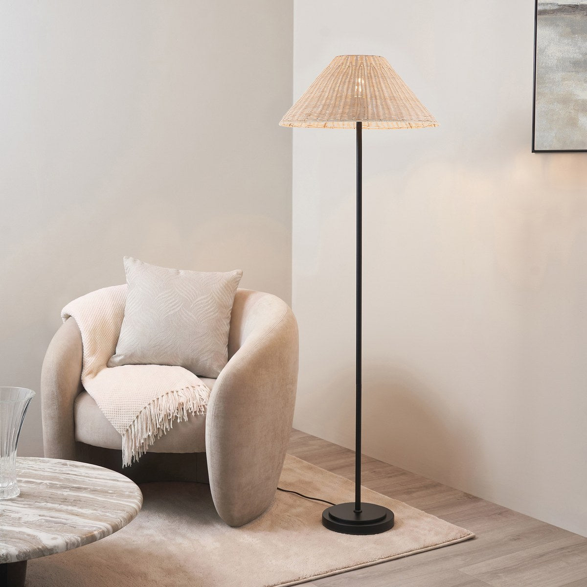 Endon Arlo Floor Lamp in Matt Black with 52cm Natural Rattan Shade