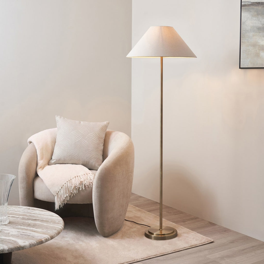Endon Arlo Floor Lamp in Antique Brass with Avalon 52cm Natural Linen Shade