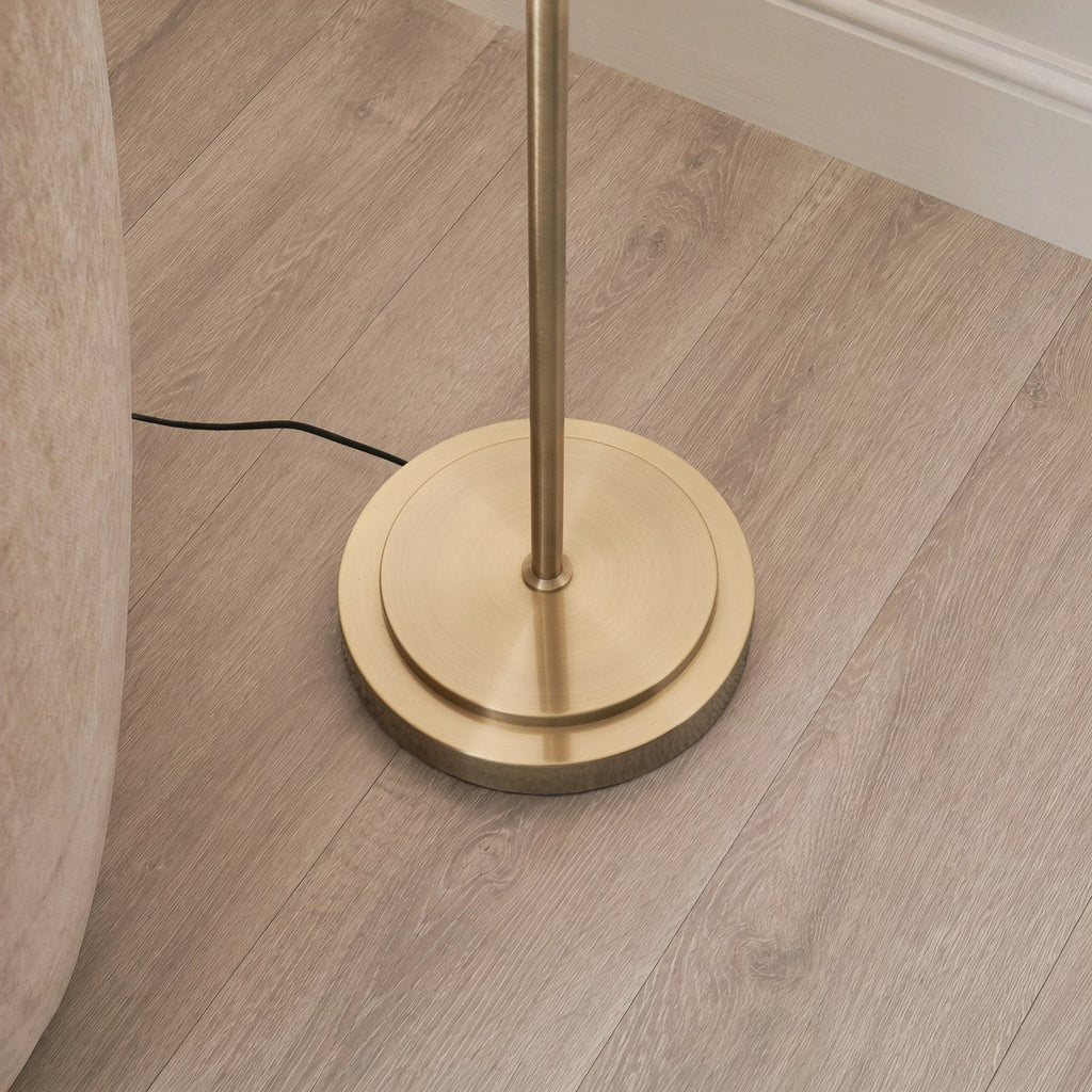 Endon Arlo Floor Lamp in Antique Brass with Avalon 52cm Natural Linen Shade
