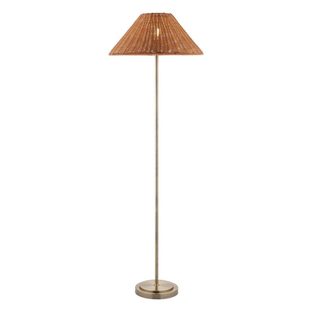Endon Arlo Floor Lamp in Antique Brass with 52cm Brown Rattan Shade