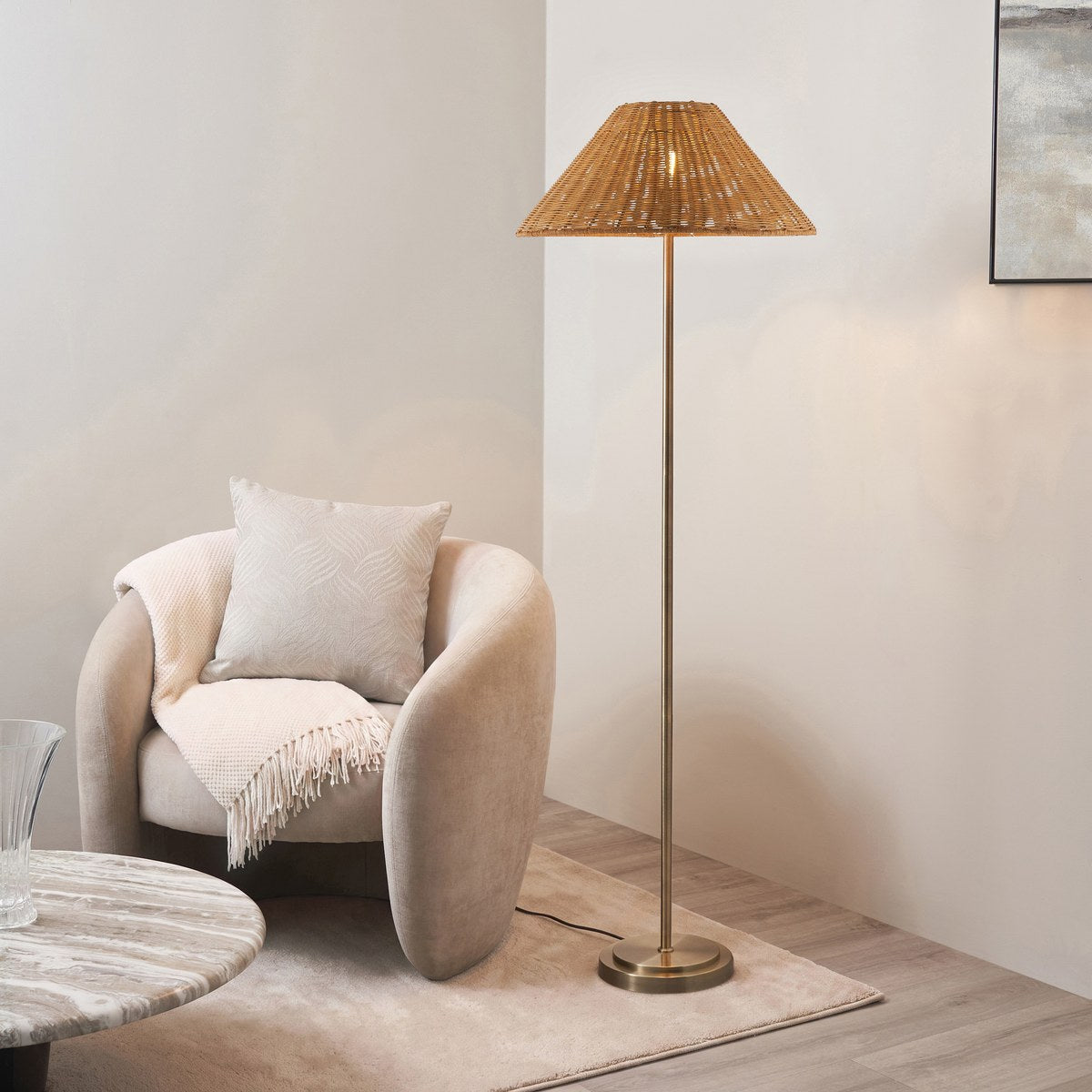 Endon Arlo Floor Lamp in Antique Brass with 52cm Brown Rattan Shade