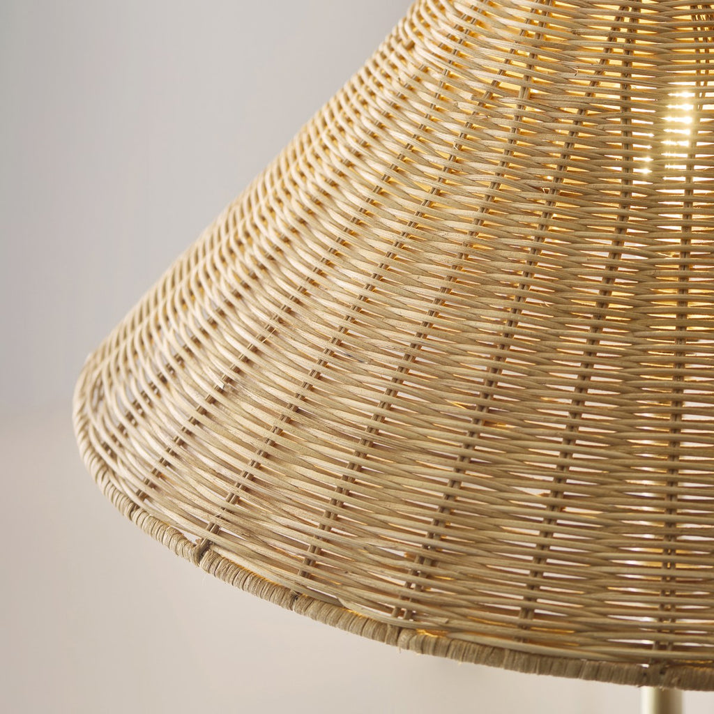 Endon Arlo Floor Lamp in Antique Brass with 52cm Brown Rattan Shade