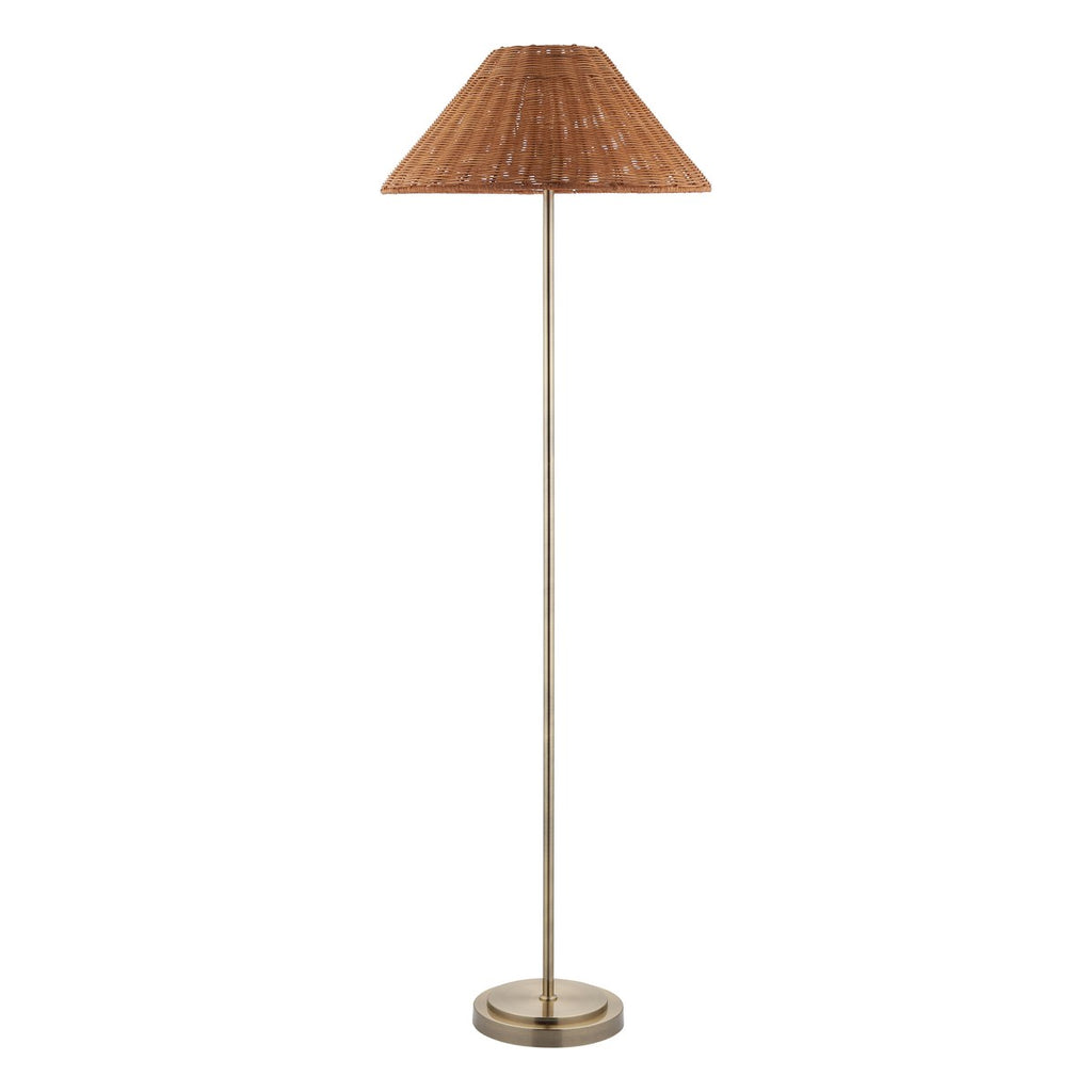 Endon Arlo Floor Lamp in Antique Brass with 52cm Brown Rattan Shade