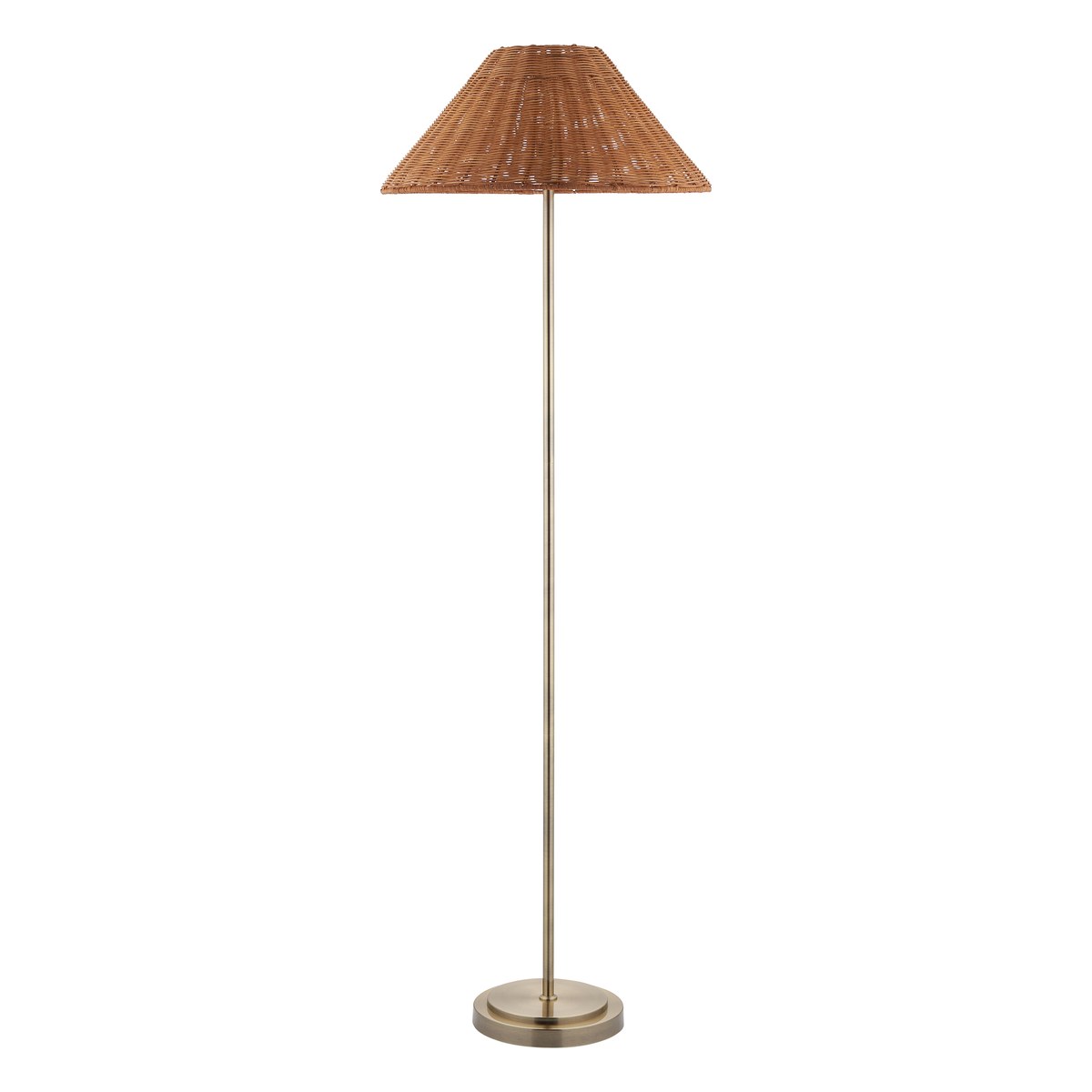 Endon Arlo Floor Lamp in Antique Brass with 52cm Brown Rattan Shade