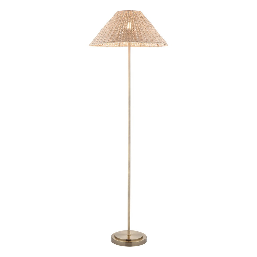 Endon Arlo Floor Lamp in Antique Brass with 52cm Natural Rattan Shade