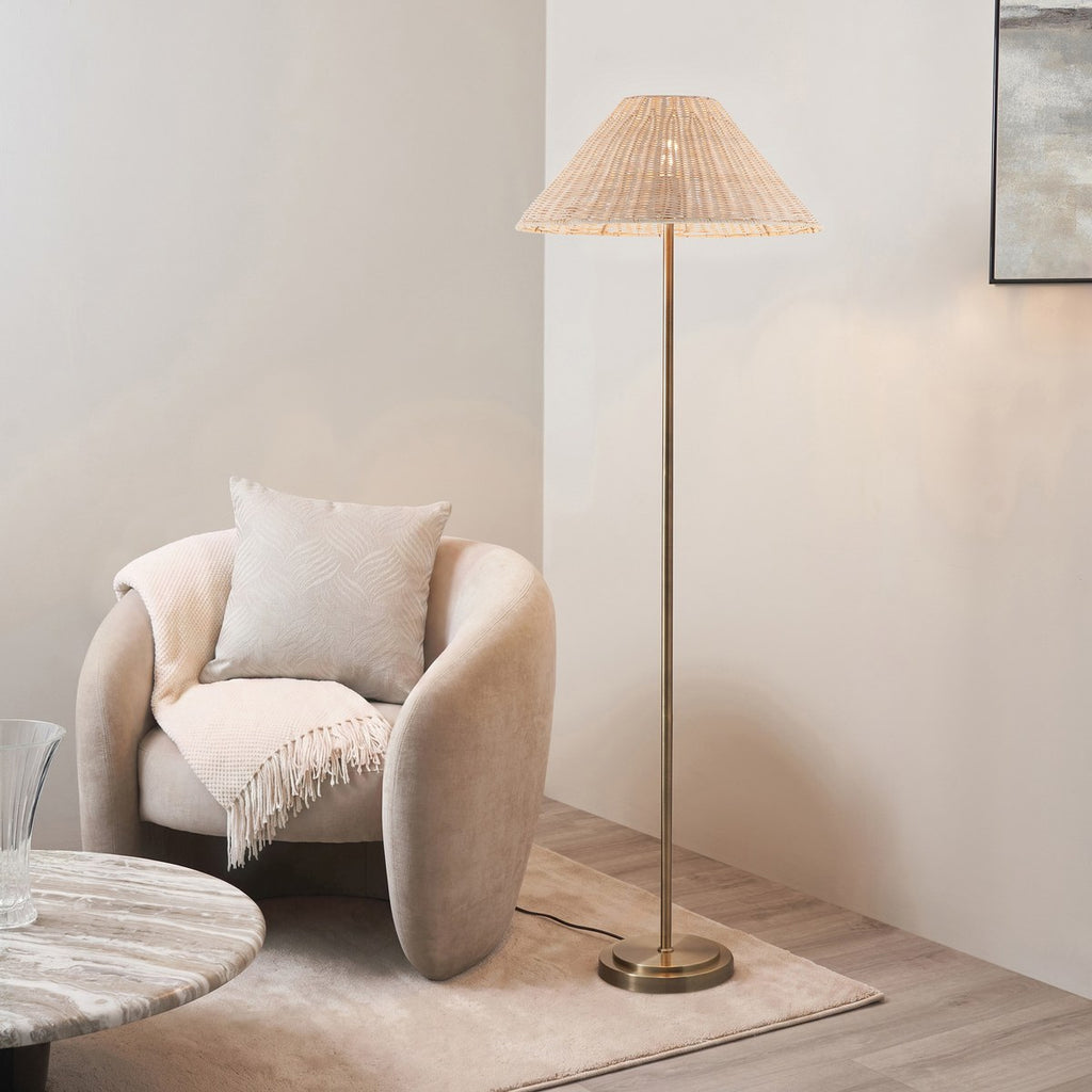 Endon Arlo Floor Lamp in Antique Brass with 52cm Natural Rattan Shade
