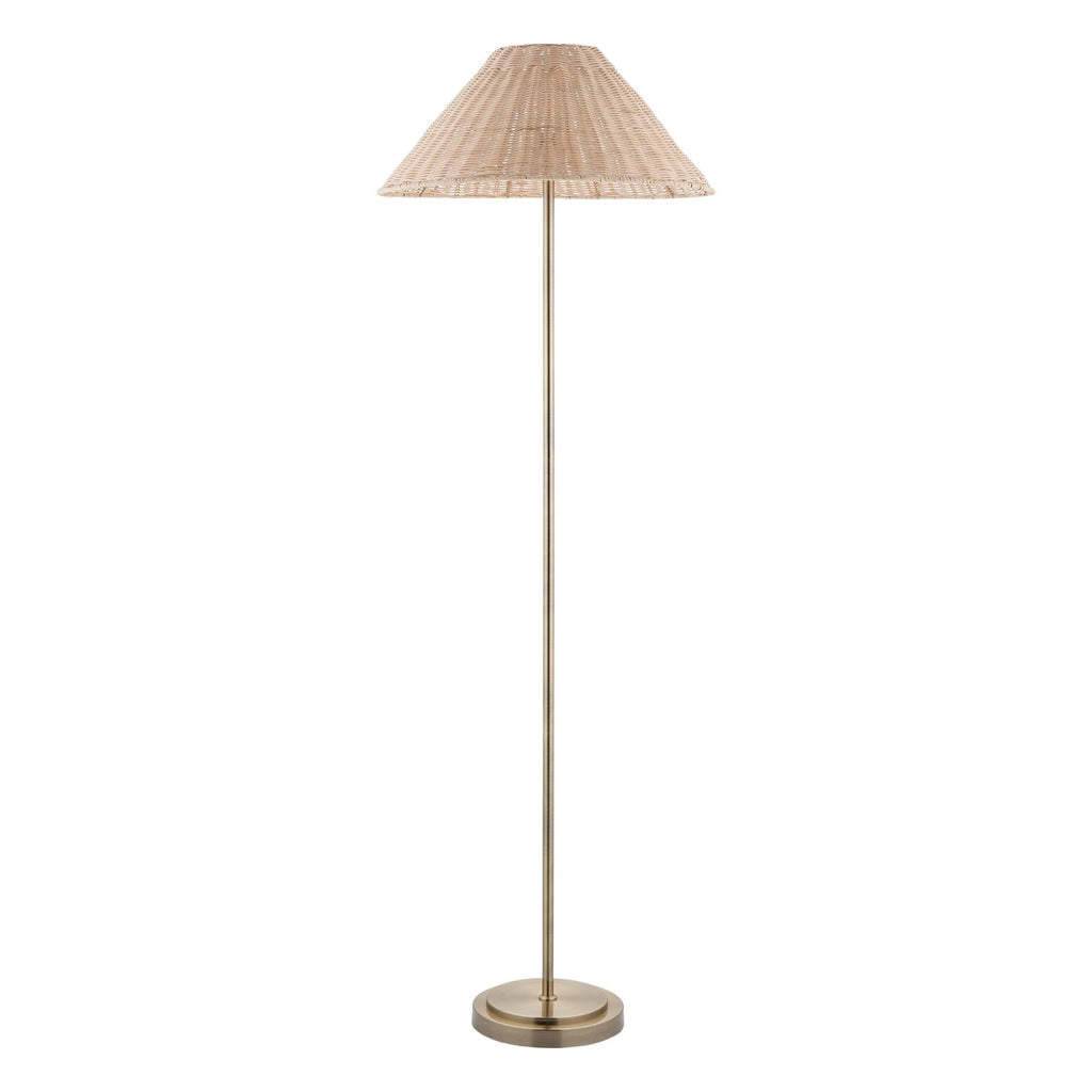 Endon Arlo Floor Lamp in Antique Brass with 52cm Natural Rattan Shade