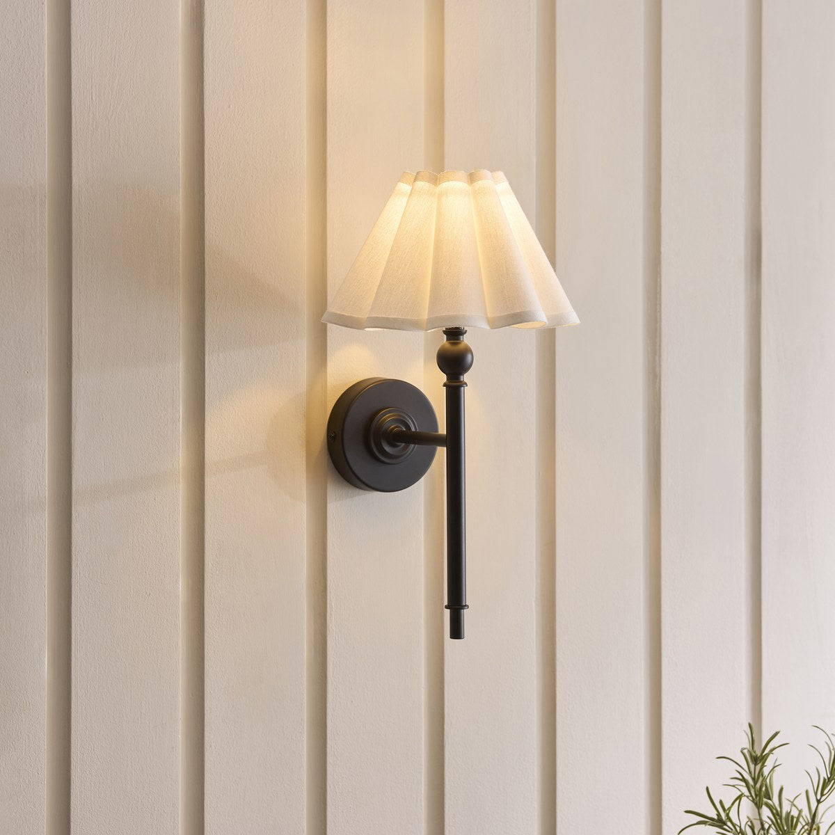 Endon Sylvie Wall Light in Matt Black with Vintage White Cotton Shade