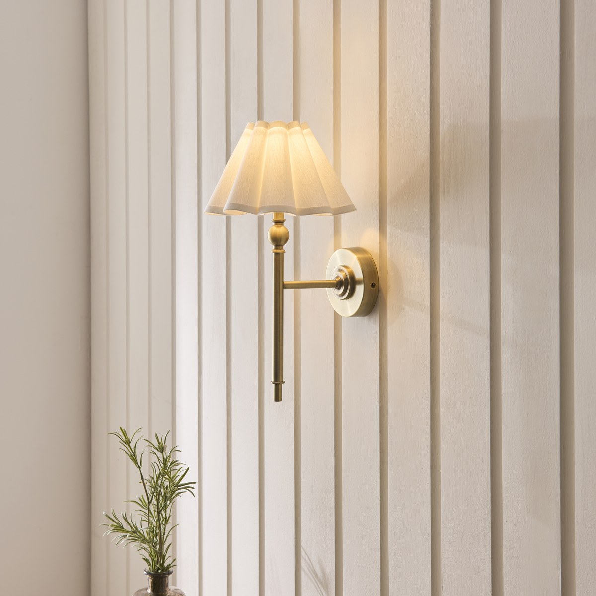 Endon Sylvie Wall Light in Antique Brass with Vintage White Cotton Shade