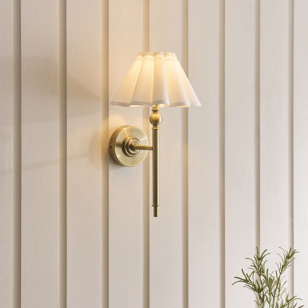 Endon Sylvie Wall Light in Antique Brass with Vintage White Cotton Shade