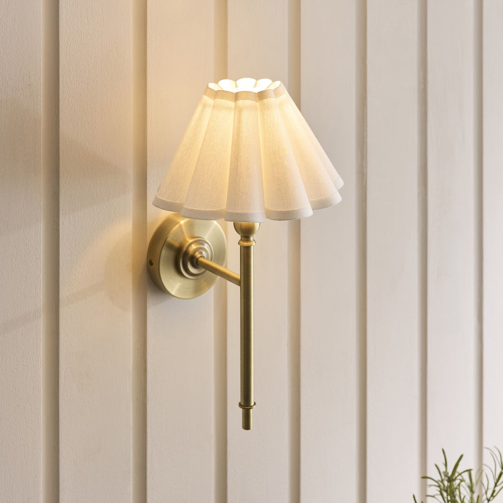 Endon Sylvie Wall Light in Antique Brass with Vintage White Cotton Shade