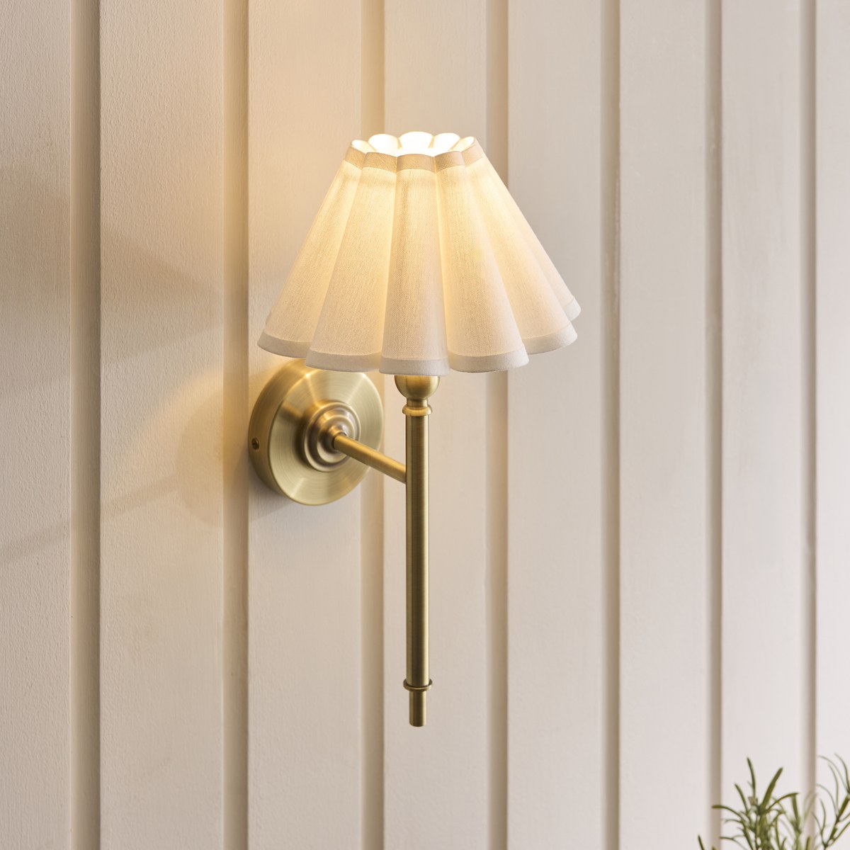 Endon Sylvie Wall Light in Antique Brass with Vintage White Cotton Shade