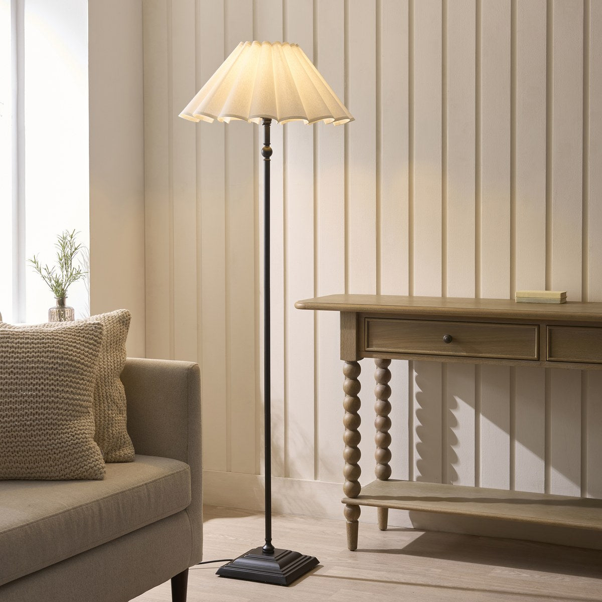 Endon Sylvie Floor Lamp in Matt Black with Vintage White Cotton Shade