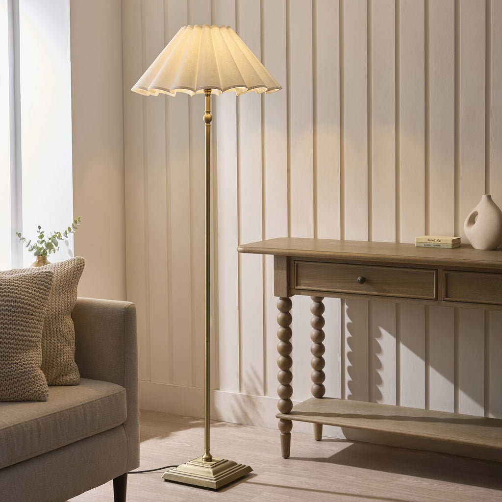 Endon Sylvie Floor Lamp in Antique Brass with Vintage White Cotton Shade
