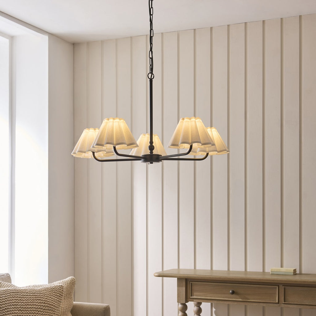 Endon Sylvie 5 Light Pendant Light in Matt Black with Vintage White Cotton Shades