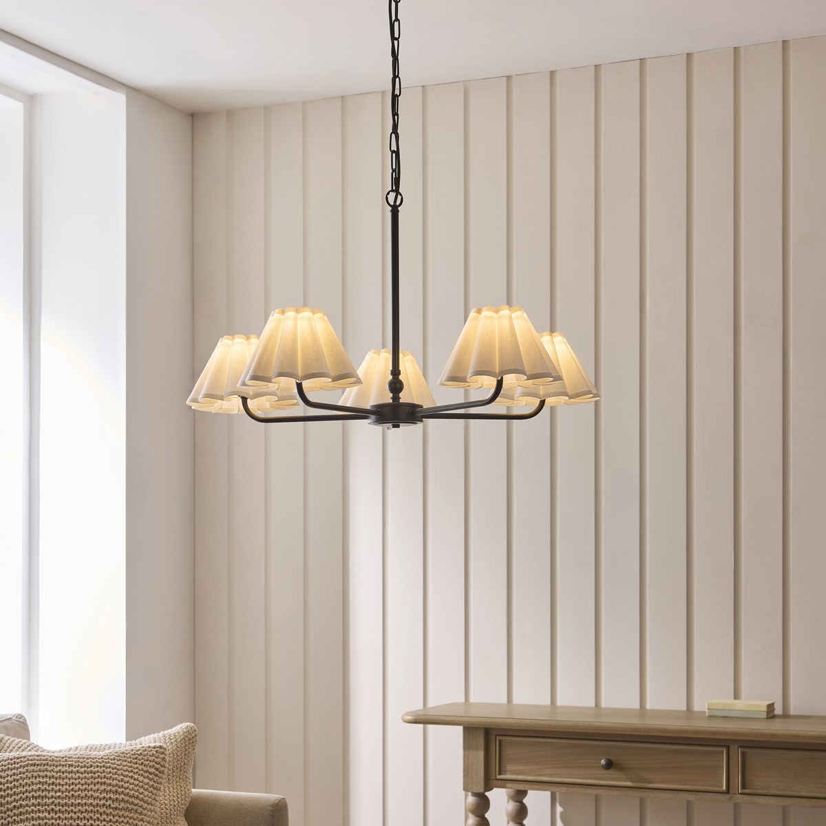 Endon Sylvie 5 Light Pendant Light in Matt Black with Vintage White Cotton Shades