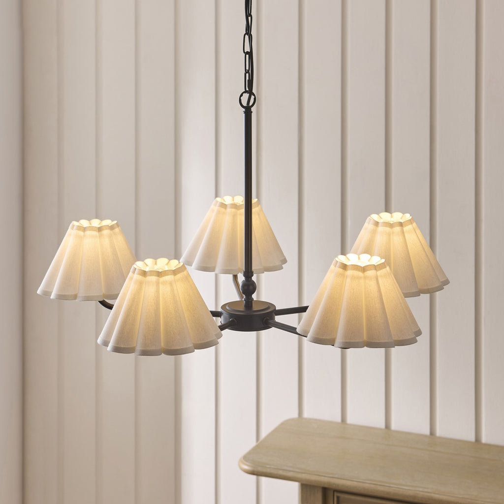 Endon Sylvie 5 Light Pendant Light in Matt Black with Vintage White Cotton Shades