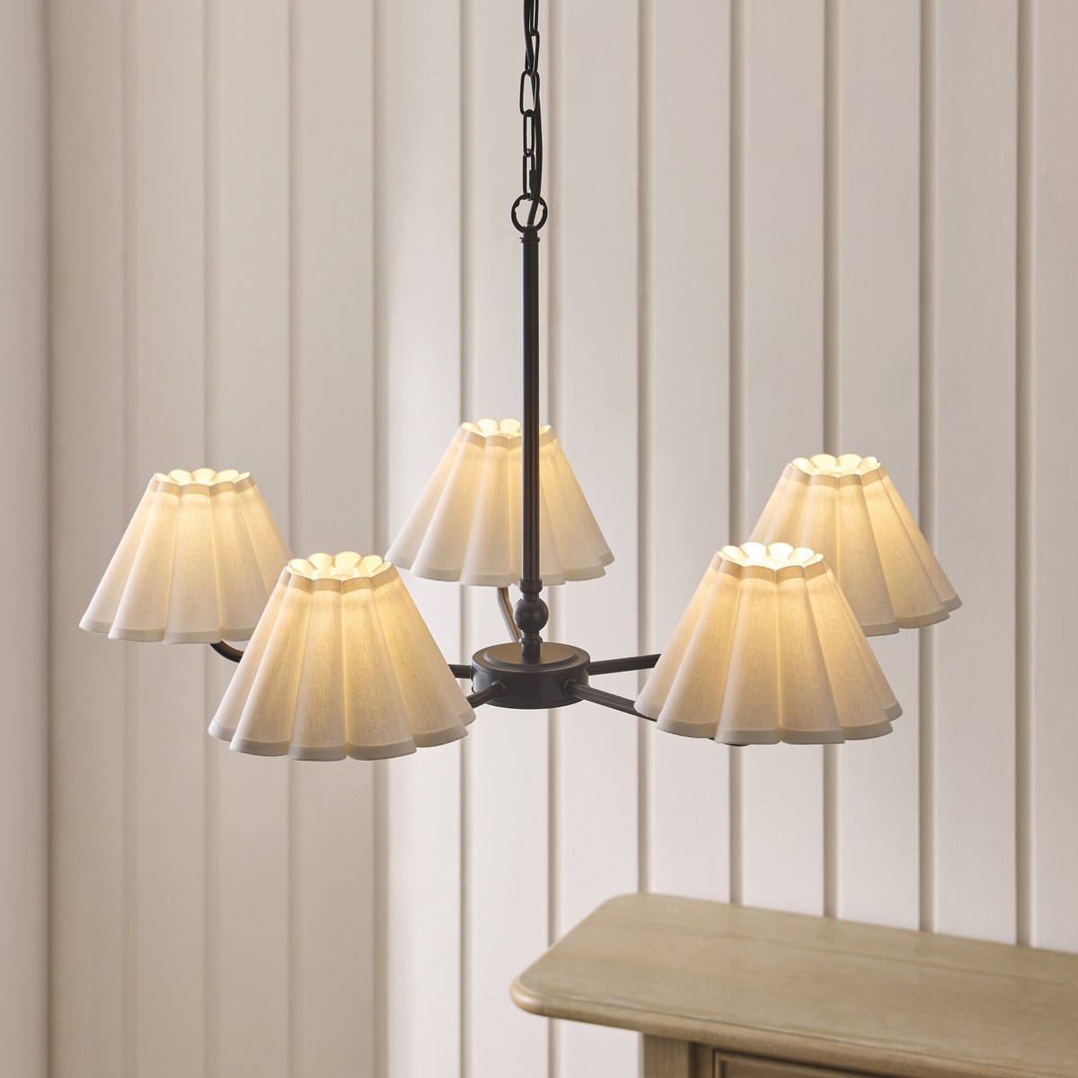 Endon Sylvie 5 Light Pendant Light in Matt Black with Vintage White Cotton Shades