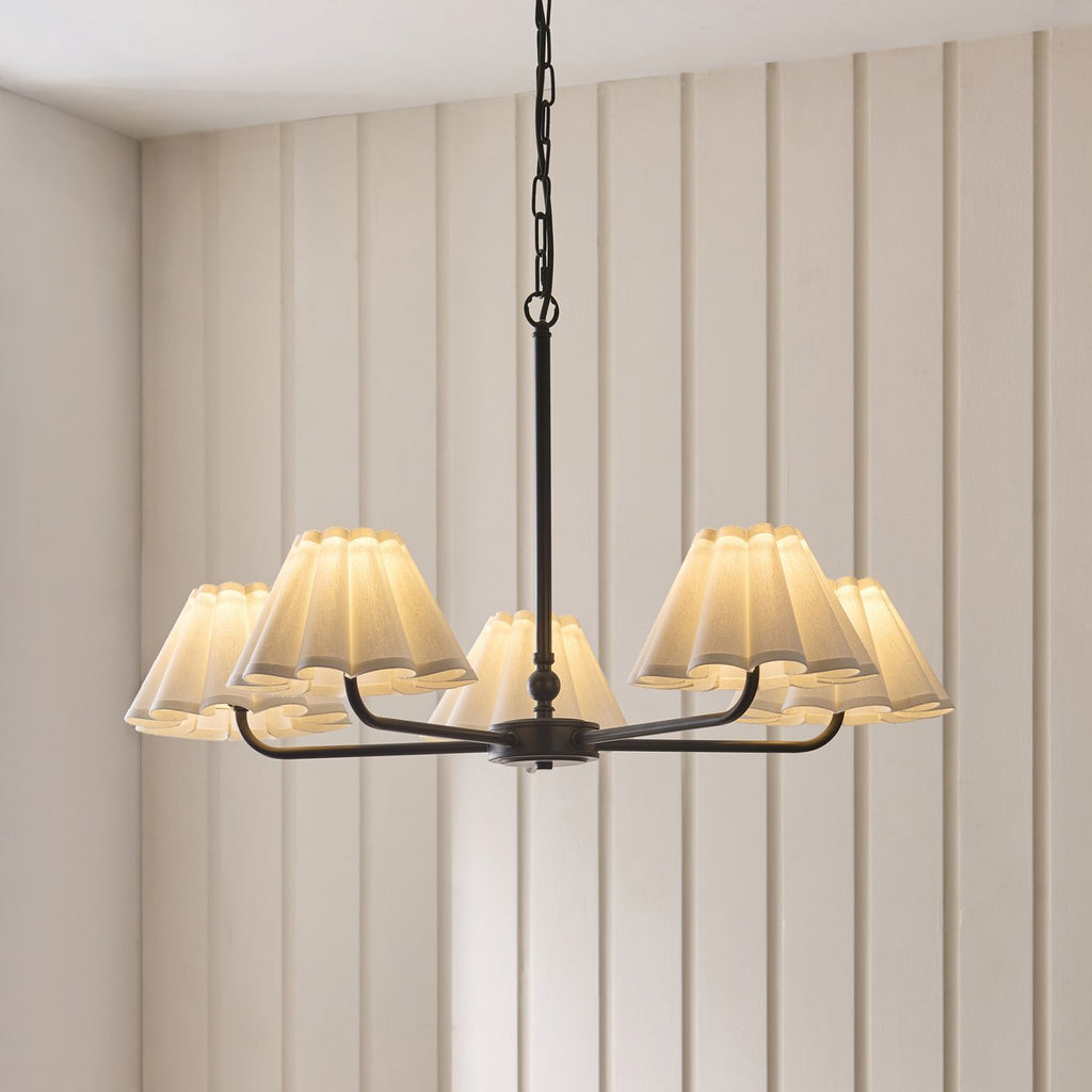Endon Sylvie 5 Light Pendant Light in Matt Black with Vintage White Cotton Shades