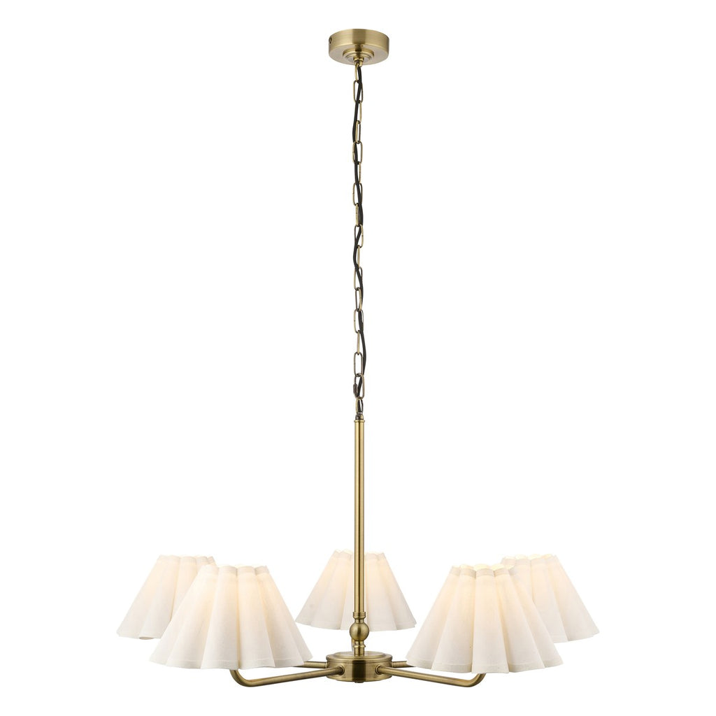 Endon Sylvie 5 Light Pendant Light in Antique Brass with Vintage White Cotton Shades